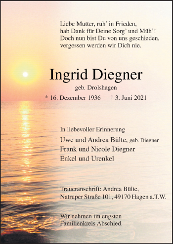 Traueranzeige von Ingrid Diegner von Neue Osnabrücker Zeitung GmbH & Co. KG