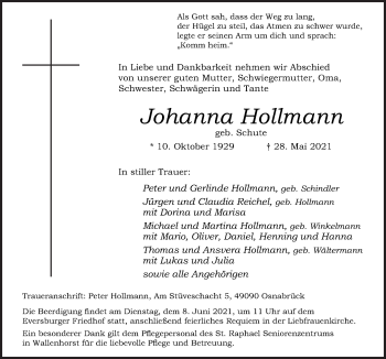 Traueranzeige von Johanna Hollmann von Neue Osnabrücker Zeitung GmbH & Co. KG