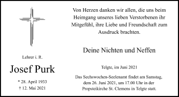 Traueranzeige von Josef Purk von Neue Osnabrücker Zeitung GmbH & Co. KG