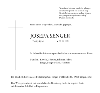 Traueranzeige von Josefa Senger von Neue Osnabrücker Zeitung GmbH & Co. KG