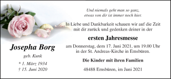 Traueranzeige von Josepha Borg von Neue Osnabrücker Zeitung GmbH & Co. KG