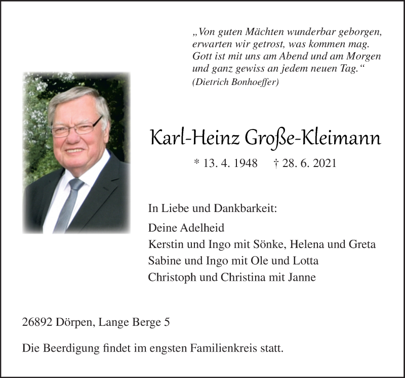  Traueranzeige für Karl-Heinz Große-Kleimann vom 30.06.2021 aus Neue Osnabrücker Zeitung GmbH & Co. KG