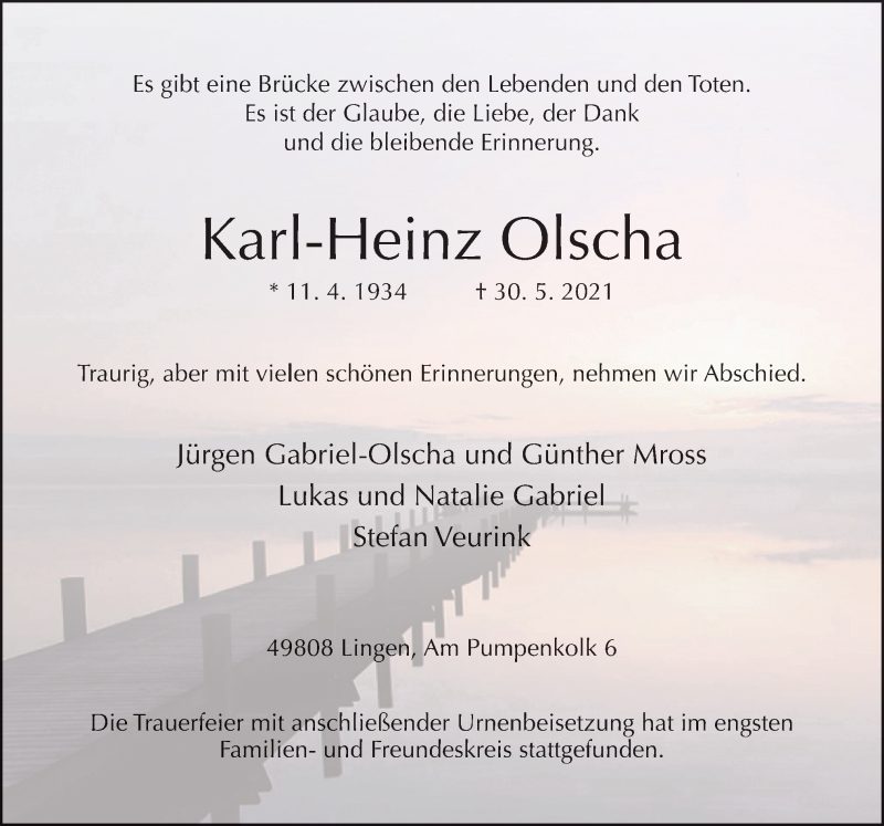  Traueranzeige für Karl-Heinz Olscha vom 19.06.2021 aus Neue Osnabrücker Zeitung GmbH & Co. KG