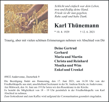 Traueranzeige von Karl Thünemann von Neue Osnabrücker Zeitung GmbH & Co. KG