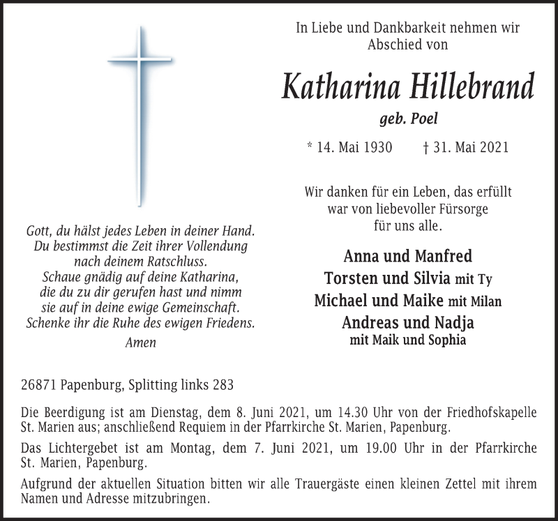 Traueranzeigen Von Katharina Hillebrand Noz Trauerportal 8500