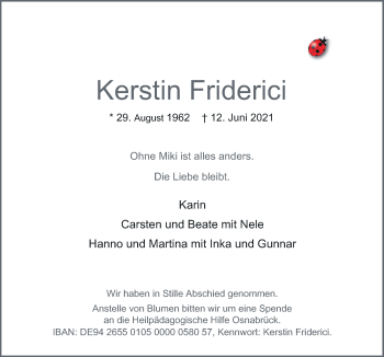 Traueranzeige von Kerstin Friderici von Neue Osnabrücker Zeitung GmbH & Co. KG