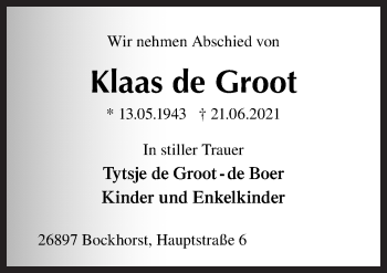 Traueranzeige von Klaas de Groot von Neue Osnabrücker Zeitung GmbH & Co. KG