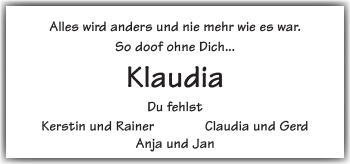 Traueranzeige von Klaudia Meyer von Neue Osnabrücker Zeitung GmbH & Co. KG