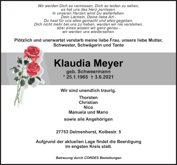 Traueranzeige von Klaudia Meyer von Neue Osnabrücker Zeitung GmbH & Co. KG