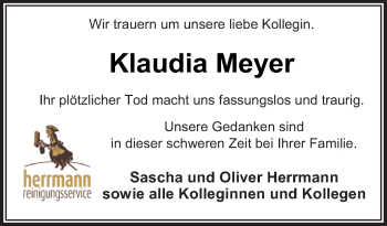 Traueranzeige von Klaudia Meyer von Neue Osnabrücker Zeitung GmbH & Co. KG