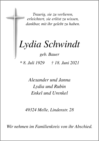 Traueranzeige von Lydia Schwindt von Neue Osnabrücker Zeitung GmbH & Co. KG