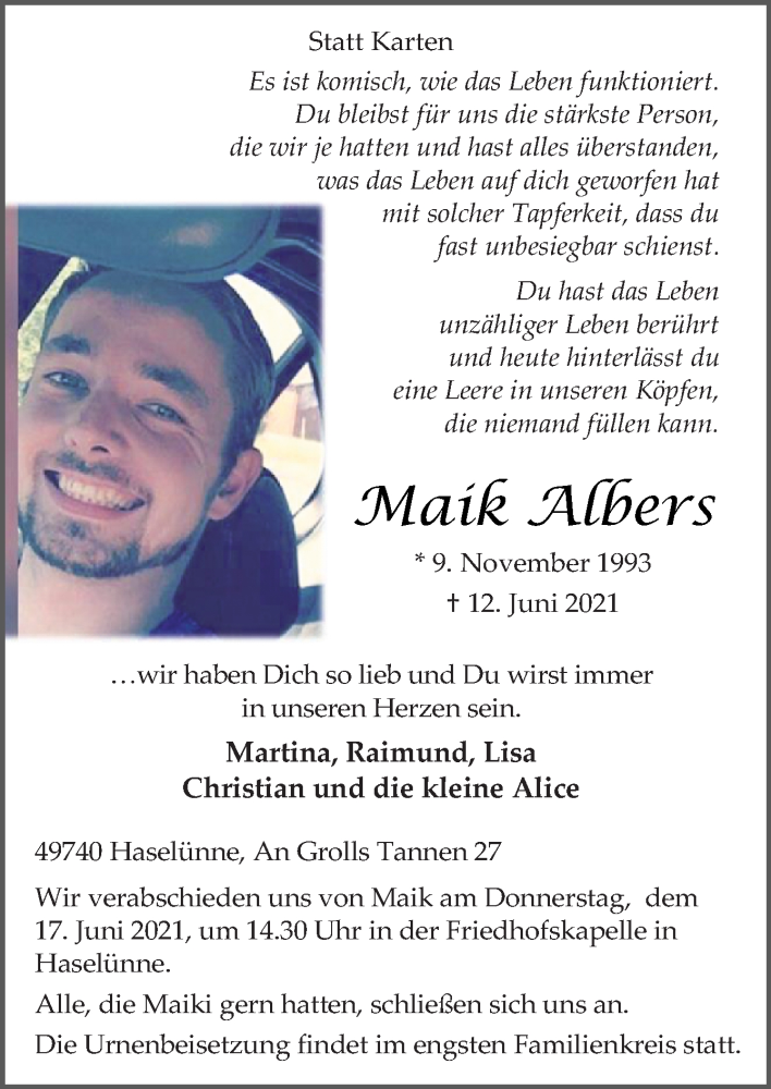  Traueranzeige für Maik Albers vom 15.06.2021 aus Neue Osnabrücker Zeitung GmbH & Co. KG