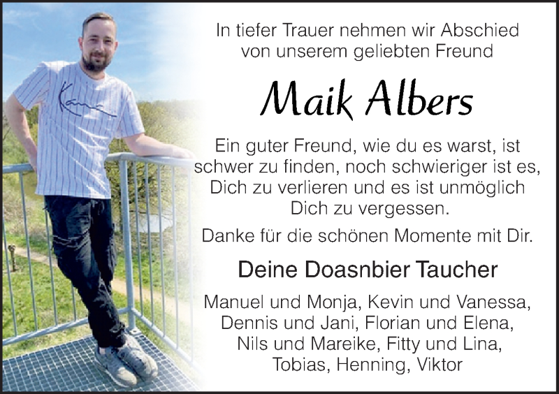  Traueranzeige für Maik Albers vom 26.06.2021 aus Neue Osnabrücker Zeitung GmbH & Co. KG