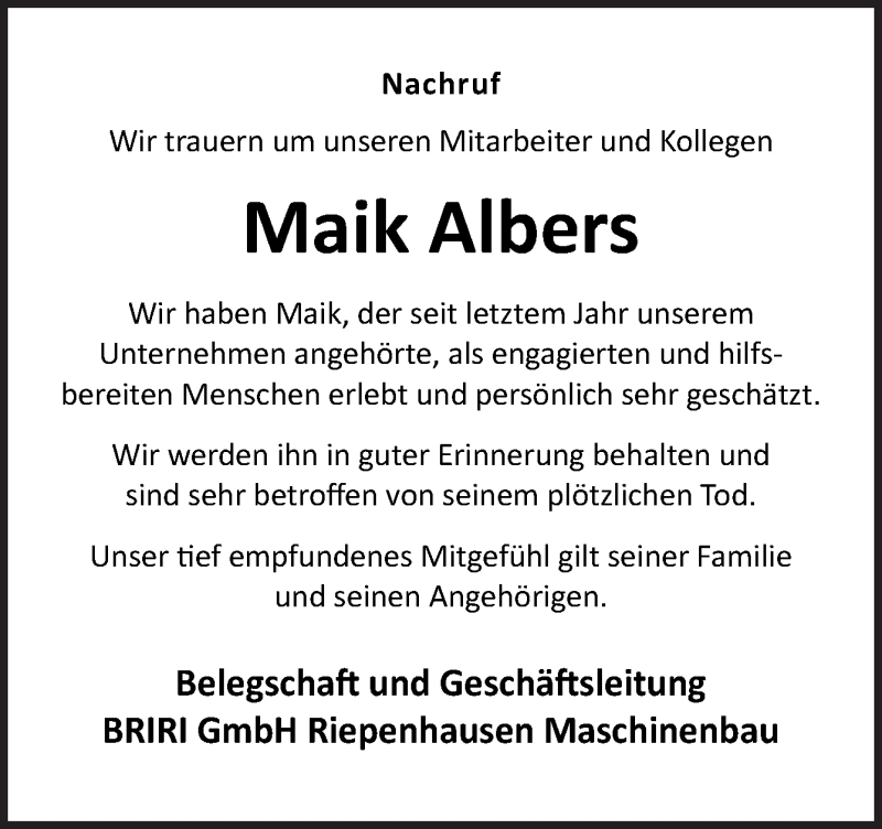  Traueranzeige für Maik Albers vom 17.06.2021 aus Neue Osnabrücker Zeitung GmbH & Co. KG