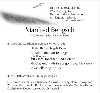 Traueranzeige von Manfred Bengsch von Neue Osnabrücker Zeitung GmbH & Co. KG