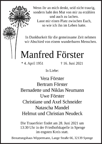Traueranzeige von Manfred Förster von Neue Osnabrücker Zeitung GmbH & Co. KG
