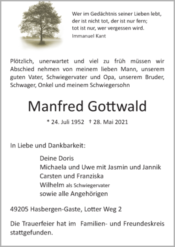 Traueranzeige von Manfred Gottwald von Neue Osnabrücker Zeitung GmbH & Co. KG