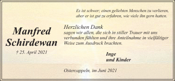 Traueranzeige von Manfred Schirdewan von Neue Osnabrücker Zeitung GmbH & Co. KG