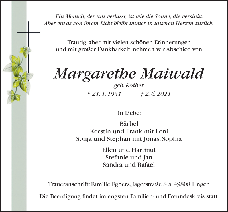  Traueranzeige für Margarethe Maiwald vom 07.06.2021 aus Neue Osnabrücker Zeitung GmbH & Co. KG