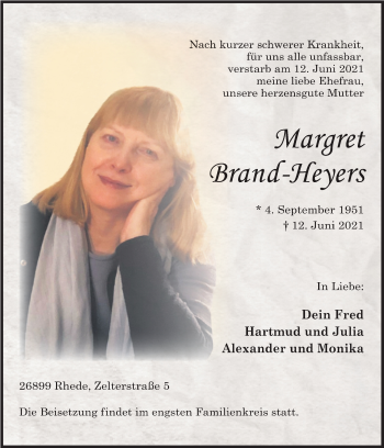 Traueranzeige von Margret Brand-Heyers von Neue Osnabrücker Zeitung GmbH & Co. KG