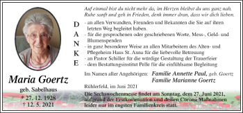 Traueranzeige von Maria Goertz von Neue Osnabrücker Zeitung GmbH & Co. KG