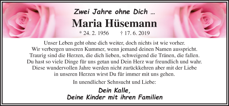  Traueranzeige für Maria Hüsemann vom 17.06.2021 aus Neue Osnabrücker Zeitung GmbH & Co. KG