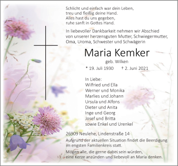 Traueranzeige von Maria Kemker von Neue Osnabrücker Zeitung GmbH & Co. KG