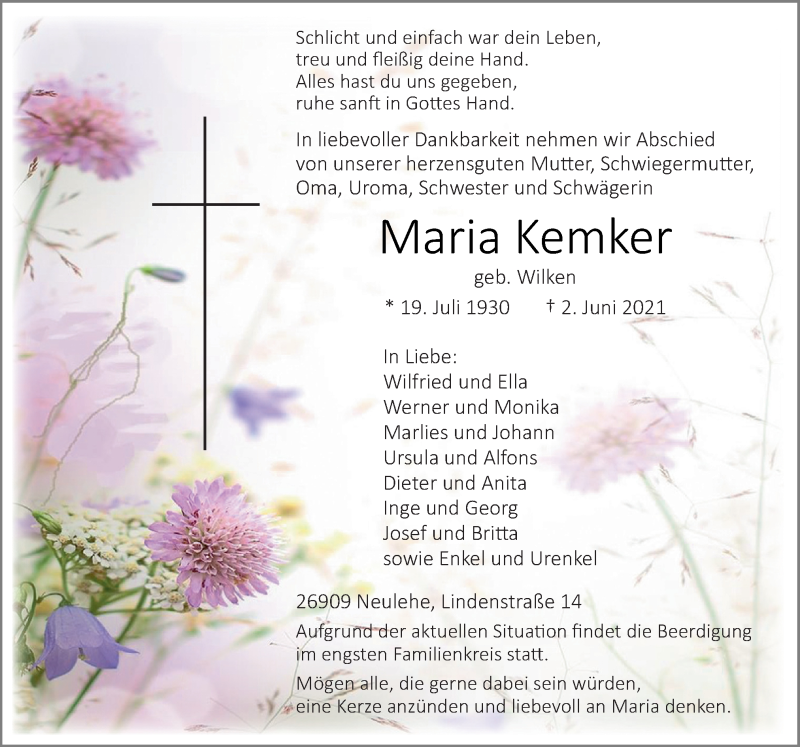  Traueranzeige für Maria Kemker vom 05.06.2021 aus Neue Osnabrücker Zeitung GmbH & Co. KG