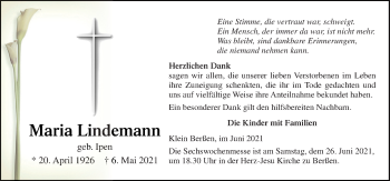 Traueranzeige von Maria Lindemann von Neue Osnabrücker Zeitung GmbH & Co. KG