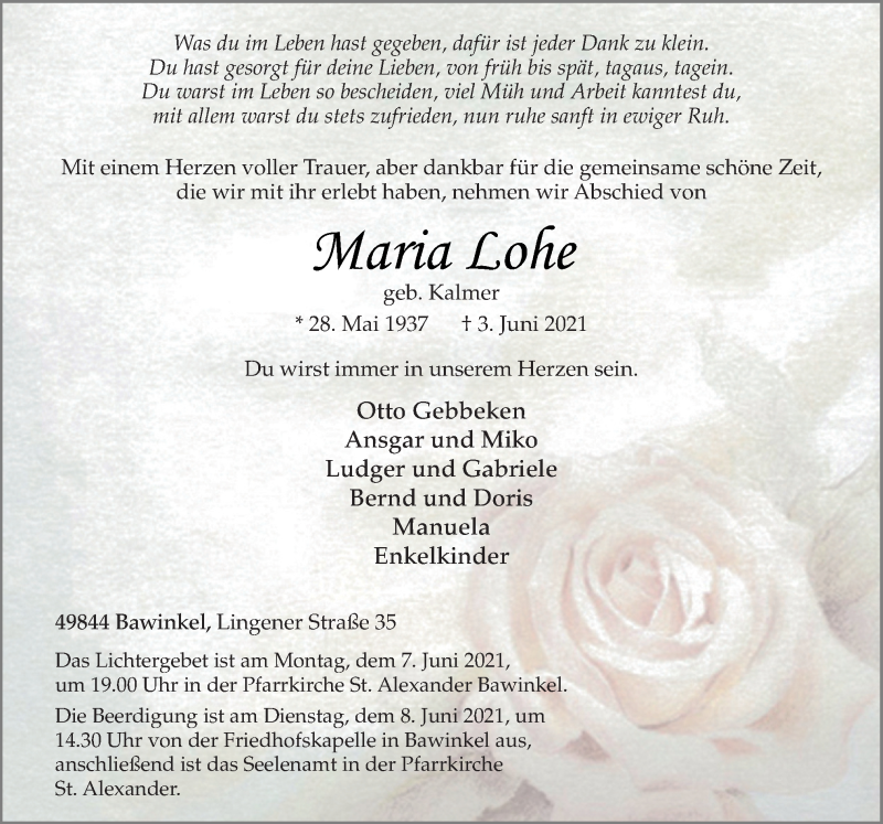  Traueranzeige für Maria Lohe vom 07.06.2021 aus Neue Osnabrücker Zeitung GmbH & Co. KG