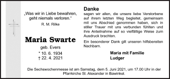 Traueranzeige von Maria Swarte von Neue Osnabrücker Zeitung GmbH & Co. KG