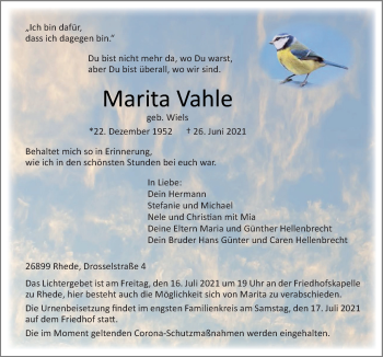 Traueranzeige von Marita Vahle von Neue Osnabrücker Zeitung GmbH & Co. KG