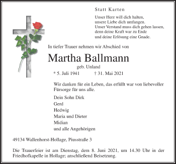 Traueranzeige von Martha Ballmann von Neue Osnabrücker Zeitung GmbH & Co. KG