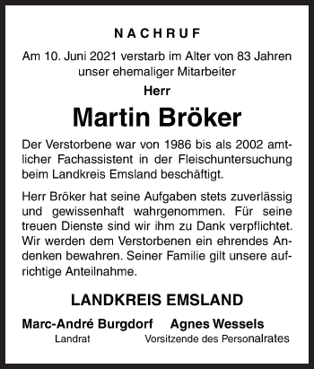 Traueranzeige von Martin Bröker von Neue Osnabrücker Zeitung GmbH & Co. KG