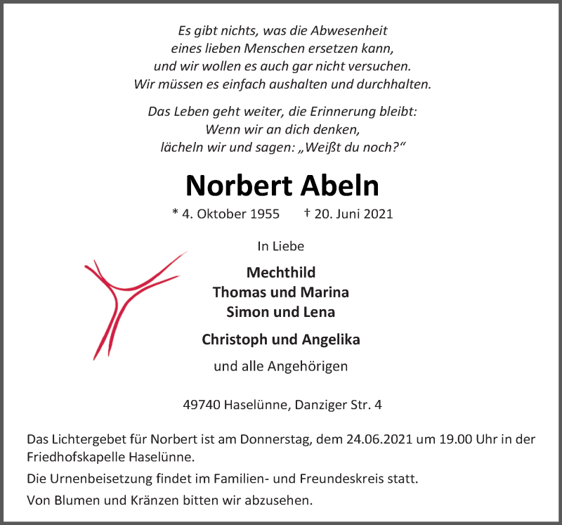  Traueranzeige für Norbert Abeln vom 23.06.2021 aus Neue Osnabrücker Zeitung GmbH & Co. KG