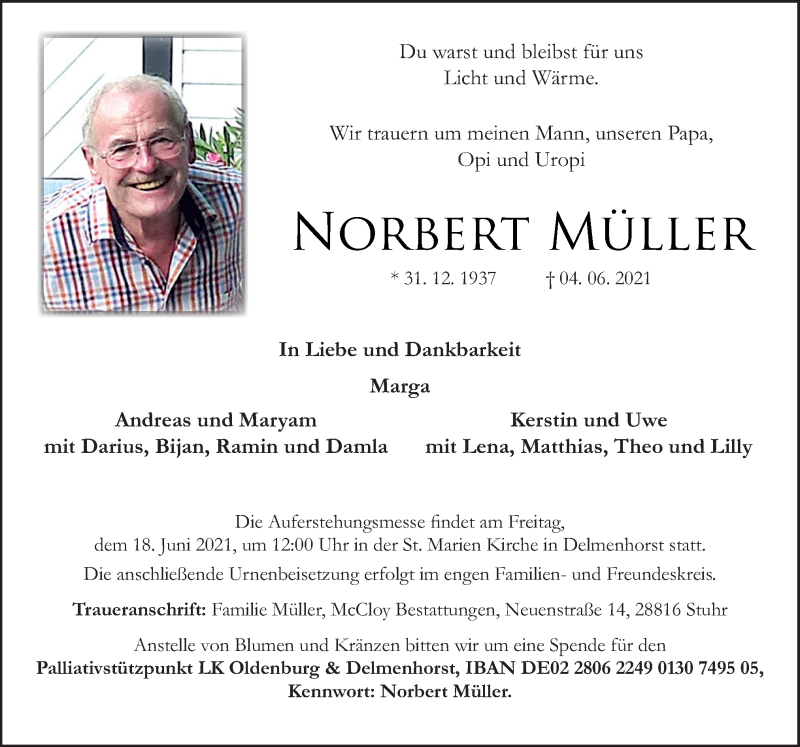  Traueranzeige für Norbert Müller vom 12.06.2021 aus Neue Osnabrücker Zeitung GmbH & Co. KG