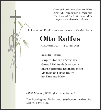 Traueranzeige von Otto Rolfes von Neue Osnabrücker Zeitung GmbH & Co. KG