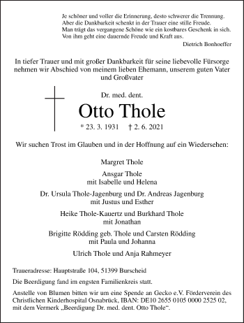 Traueranzeige von Otto Thole von Neue Osnabrücker Zeitung GmbH & Co. KG