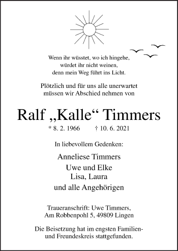 Traueranzeige von Ralf Timmers von Neue Osnabrücker Zeitung GmbH & Co. KG