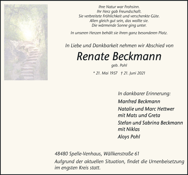  Traueranzeige für Renate Beckmann vom 23.06.2021 aus Neue Osnabrücker Zeitung GmbH & Co. KG