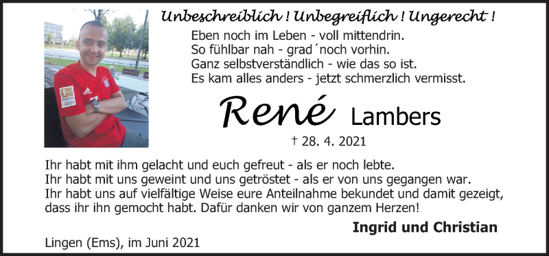  Traueranzeige für René Lambers vom 09.06.2021 aus Neue Osnabrücker Zeitung GmbH & Co. KG