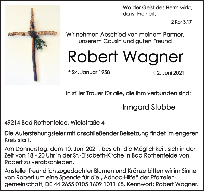  Traueranzeige für Robert Wagner vom 08.06.2021 aus Neue Osnabrücker Zeitung GmbH & Co. KG