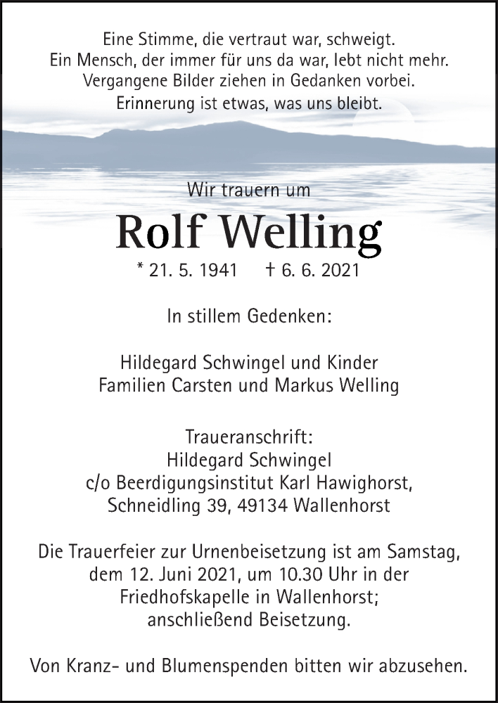  Traueranzeige für Rolf Welling vom 10.06.2021 aus Neue Osnabrücker Zeitung GmbH & Co. KG