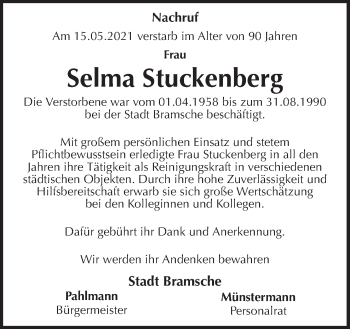 Traueranzeige von Selma Stuckenberg von Neue Osnabrücker Zeitung GmbH & Co. KG