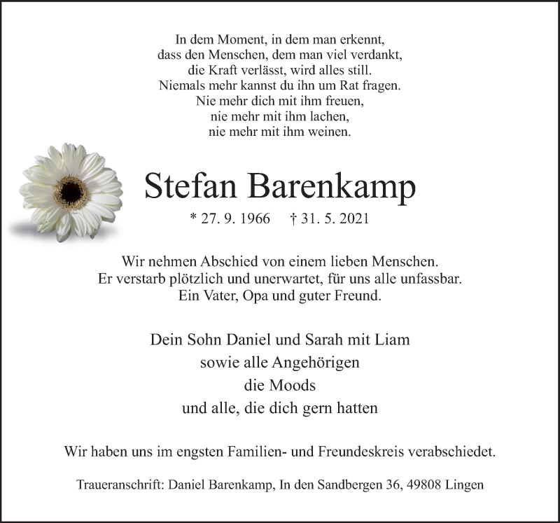  Traueranzeige für Stefan Barenkamp vom 10.06.2021 aus Neue Osnabrücker Zeitung GmbH & Co. KG