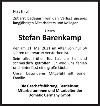 Traueranzeige von Stefan Barenkamp von Neue Osnabrücker Zeitung GmbH & Co. KG