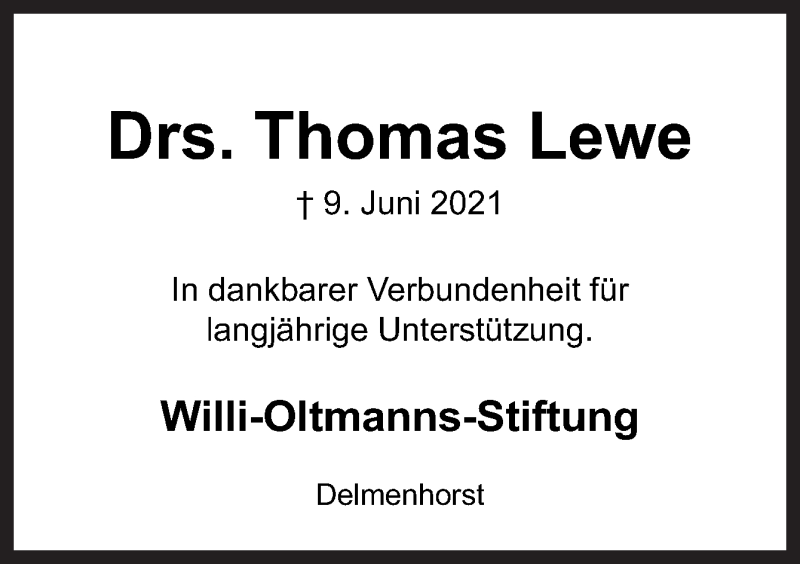  Traueranzeige für Thomas Lewe vom 15.06.2021 aus Neue Osnabrücker Zeitung GmbH & Co. KG