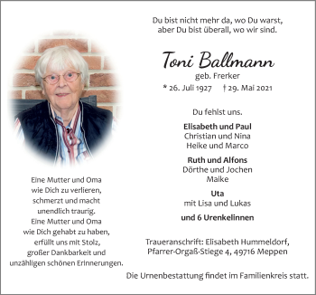 Traueranzeige von Toni Ballmann von Neue Osnabrücker Zeitung GmbH & Co. KG