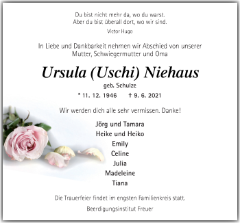 Traueranzeige von Ursula Niehaus von Neue Osnabrücker Zeitung GmbH & Co. KG