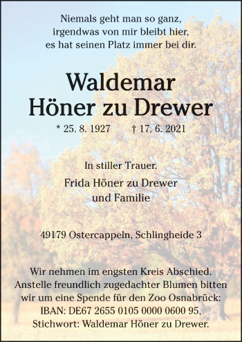 Traueranzeige von Waldemar Höner zu Drewer von Neue Osnabrücker Zeitung GmbH & Co. KG